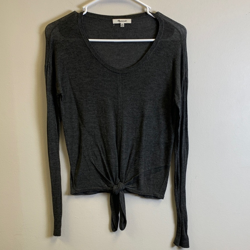 Madewell Dark Gray Tie-Front Long Sleeve Top